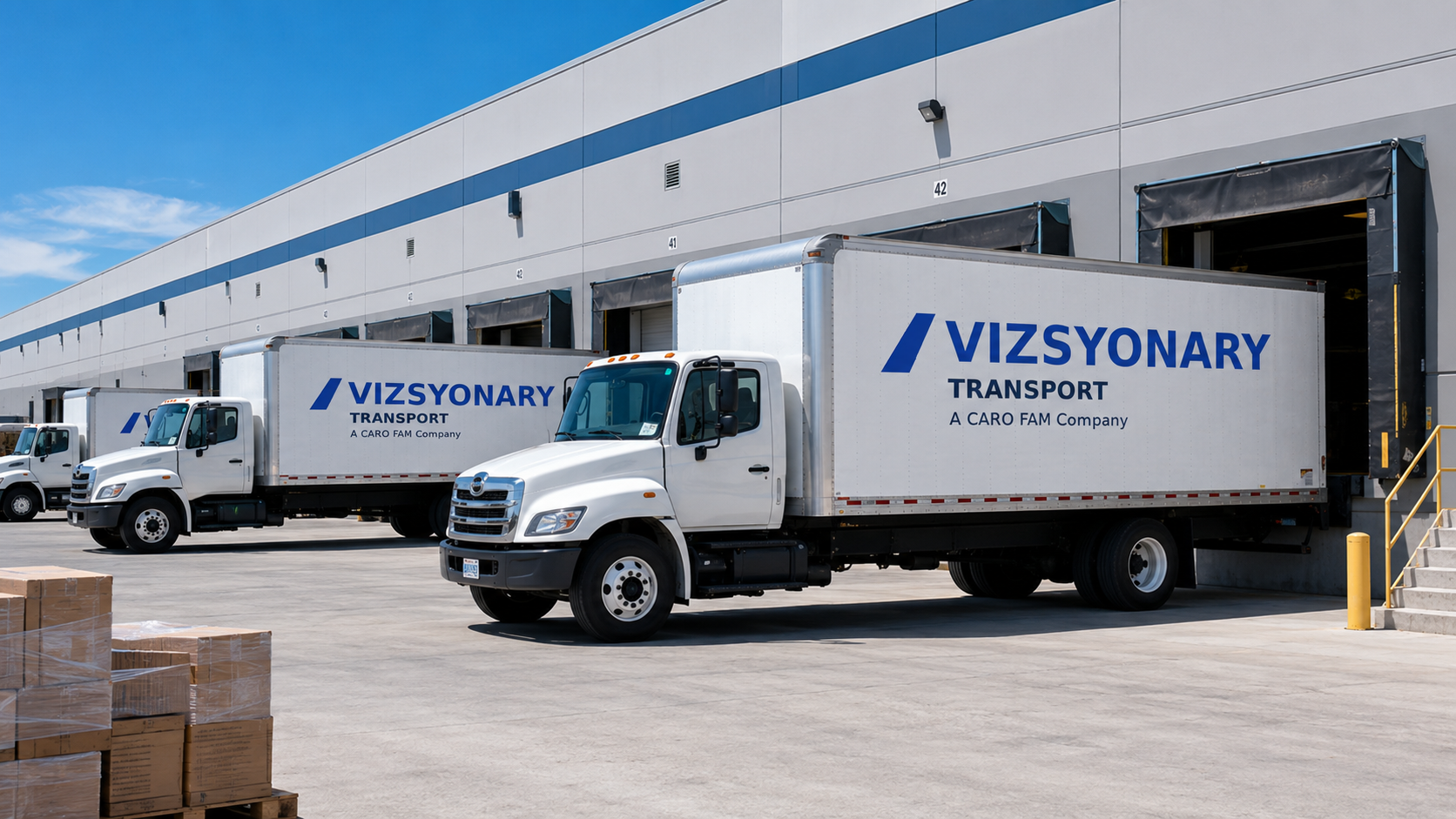 American box trucks at a warehouse